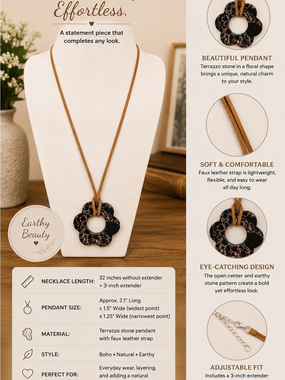 paparazzi Brown Terrazzo Flower Pendant Necklace